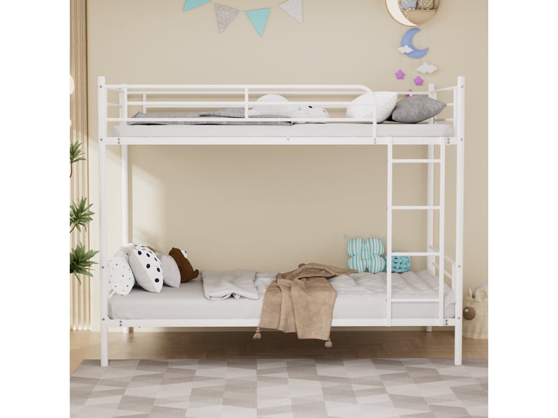  Lit superposé 90x190 cm, structure métallique, coloris blanc, escalier sécurisé, garde-corps, conception fonctionnelle, gain de place optimisé  - Conforama D