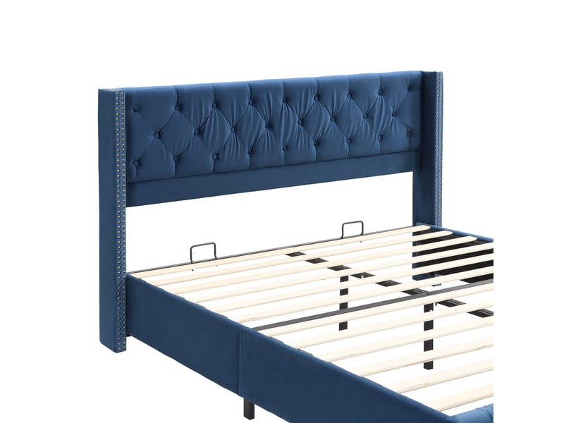  Lit  adulte 160x200 cm, tête de lit, design capitonné à boutons, sommier, velours bleu, sans matelas  - Conforama D