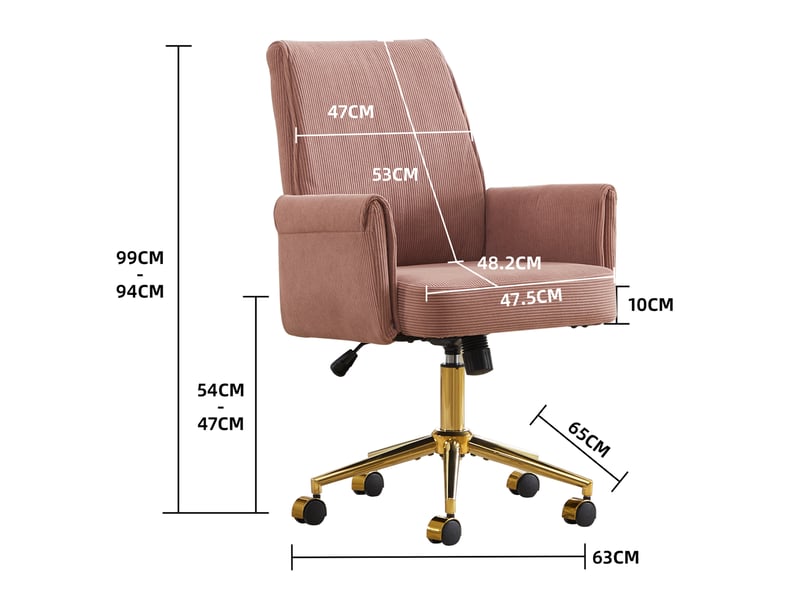  Chaise de bureau réglable en hauteur avec dos moyen, tissu côtelé rose et conception ergonomique  - Conforama E