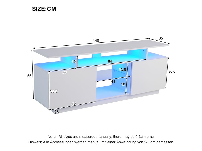  Meuble tv modenvie blanc led 16 couleurs 140 x 35 x 55 cm avec 2 portes et rangements  - Conforama C