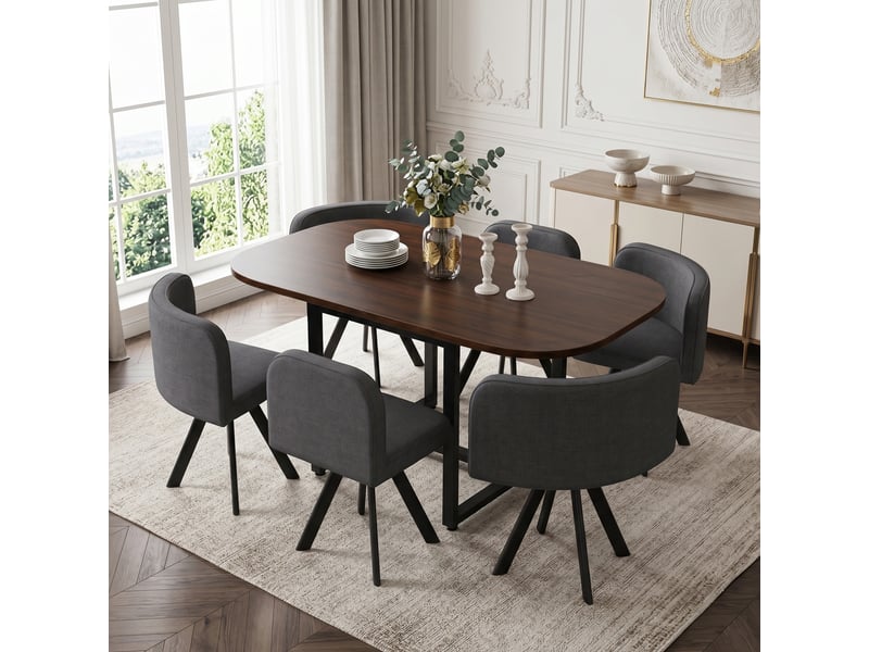  Ensemble table et chaises - salle à manger - 140x90x73 cm - 6 personnes - lin - gris et noyer Bubbly - Conforama B