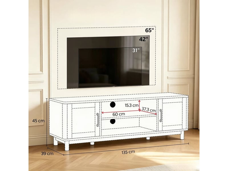 Meuble tv bas 135x39x45cm passe-câbles pour tv 65 | style bohème effet chêne et portes en rotin | 6 pieds pin charge 52kg - chêne clair - Conforama E