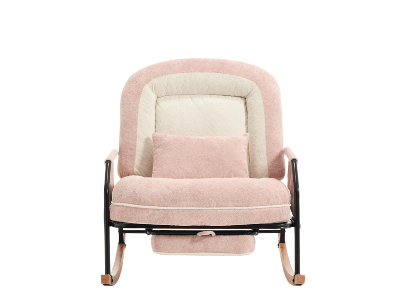 Rocking-chair avec dossier inclinable et repose-pieds coulissant, coussin et poches latérales en fausse fourrure rose - Conforama A