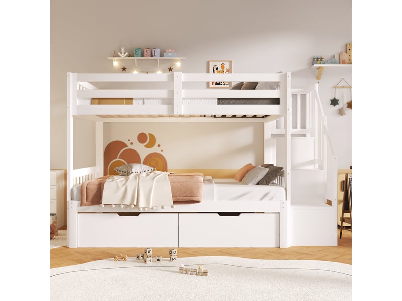  Lit superposé enfant 90x200 cm avec lit gigogne, 2 tiroirs de rangement, escalier et échelle repositionnable, sommier à lattes - blanc  - Conforama D