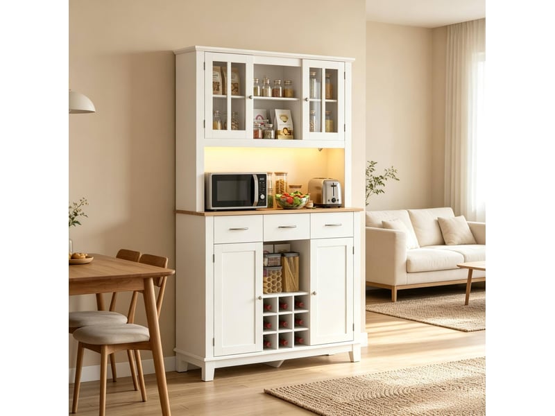  Buffet haut de cuisine 100 x 39,5 x 180 cm avec éclairage rgb, blanc et chêne  - Conforama B