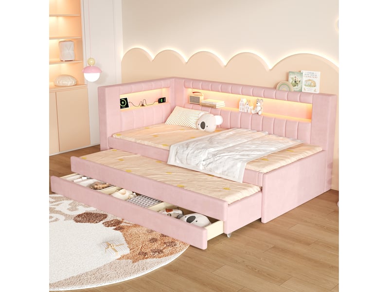  Lit jeune, lit gigogne 90x200 cm, équipé de led, usb, tiroirs et structure rembourrée, coloris rose  - Conforama B