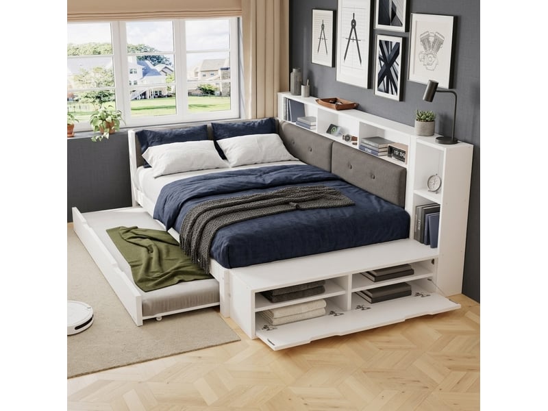  Lit fonctionnel 120x200 cm blanc et gris en bois, lit gigogne 90x190 cm avec rangement et station de charge  - Conforama B