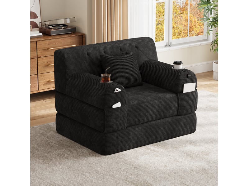  Fauteuil convertible 1 place en velours côtelé noir, 107x80x81 cm  - Conforama B