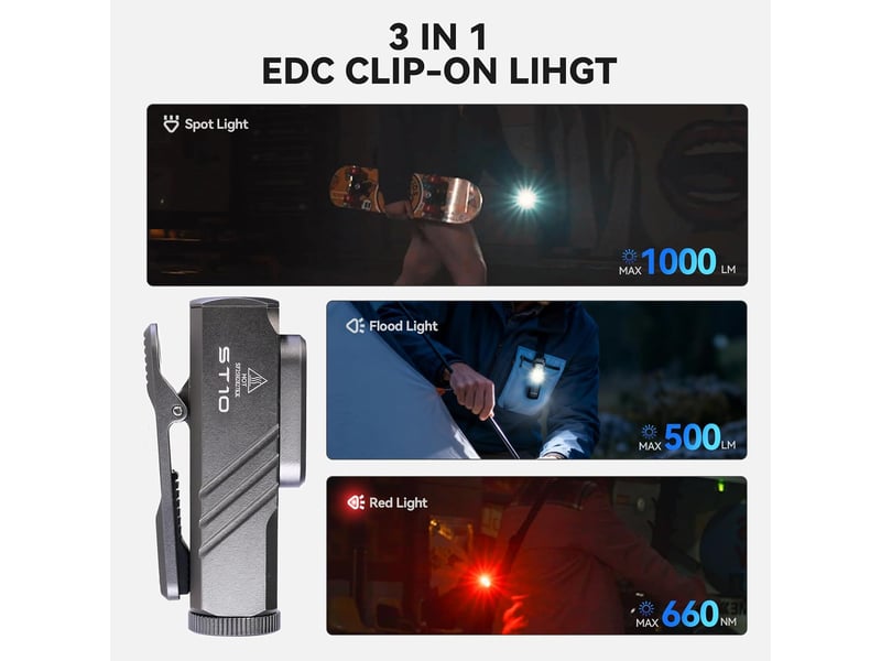  Sofirn st10 edc lampe torche led rechargeable 1000 lumens, lumière rouge 660 nm, usb-c, aimant et clip de poche  - Conforama D