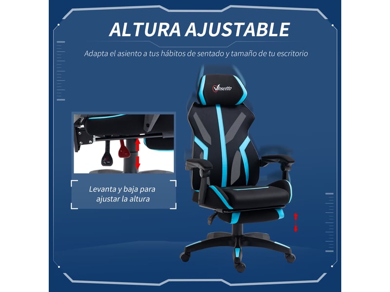  Chaise gaming noire et bleue avec repose-pieds rétractable dossier inclinable appui-tête et réglage en hauteur dimensions 65x65x119-129 cm  - Conforama C