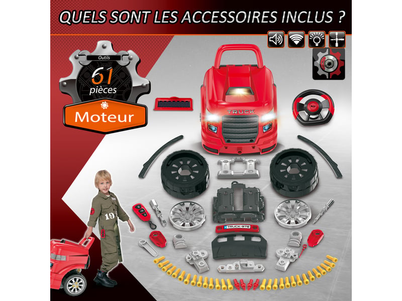  Camion mécano 2 en 1 - jouet bricolage enfant - établi enfant - jeu d'imitation mécanicien - nombreux accessoires total de 61 pièces - effets sonores et lumineux - pp abs rouge  - Conforama E