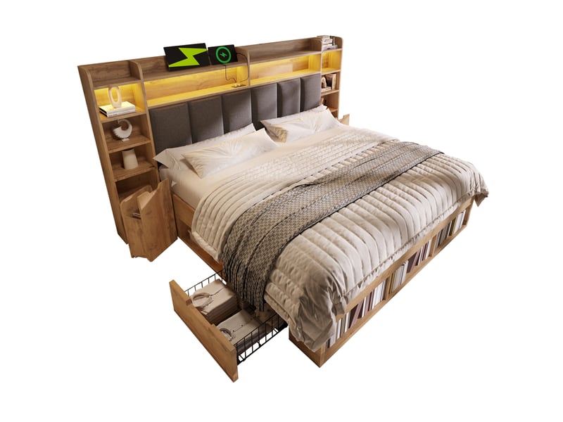 Lit double 160 x 200 cm couleur chêne avec tête de lit rembourrée, led, rangements et chevets mobiles - Conforama A