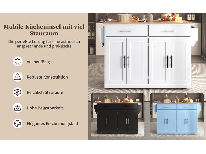  Desserte de cuisine blanc et naturel 120 × 4670 × 91 cm en mdf, plateau rabattable, 4 portes, roulettes et pieds en bois  - Conforama E