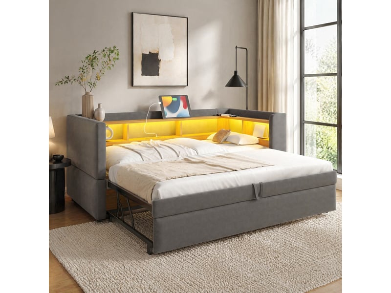  Canapé-lit extensible 90180 x 190 cm gris foncé avec led, prises et étagères  - Conforama D