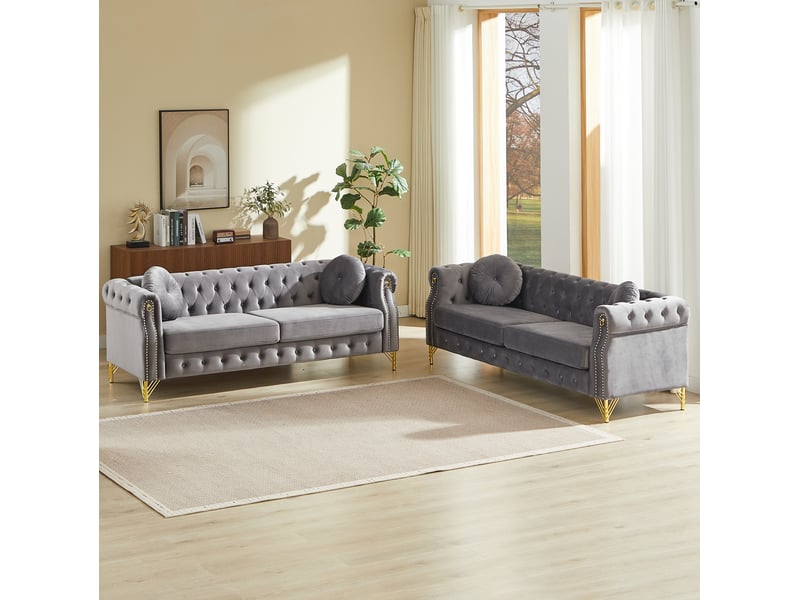  Canapé 3+3 places en velours gris avec pieds en métal dorés  - Conforama R