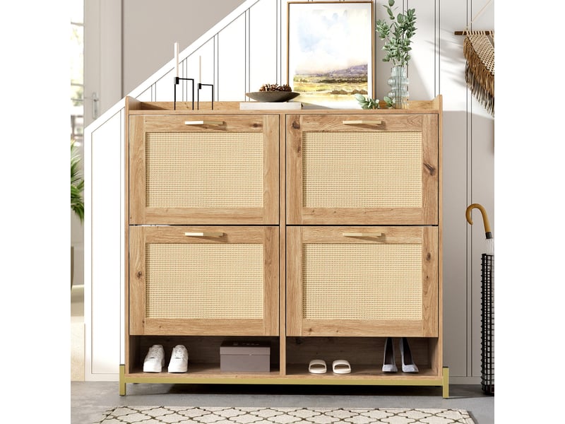  Meuble à chaussures 108,5x24x100 cm, 4 portes effet rotin, cadre métal et plateau supérieur, rangement pour entrée et couloir - bois  - Conforama D