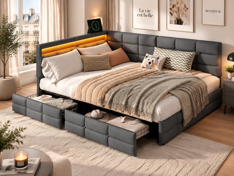  Kefsr lit double capitonné 140x190 cm, lit d'angle banquette avec 2 tiroirs, éclairage led, prises usbtype-c et sommier, tissu gris  - Conforama B