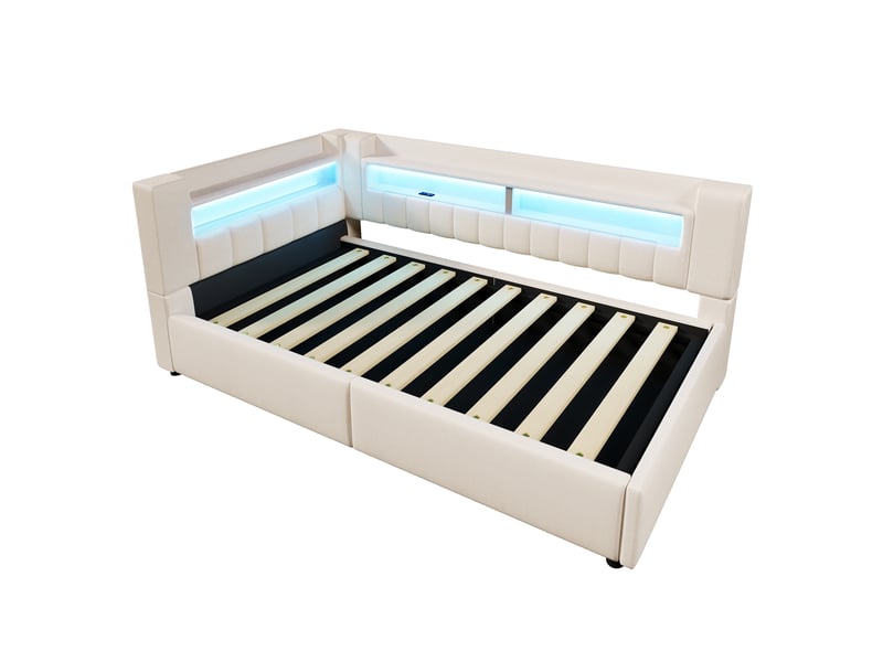 Lit banquette beige 90x200 cm avec coffre hydraulique, led, usbtype-c, lin, convertible - Conforama D