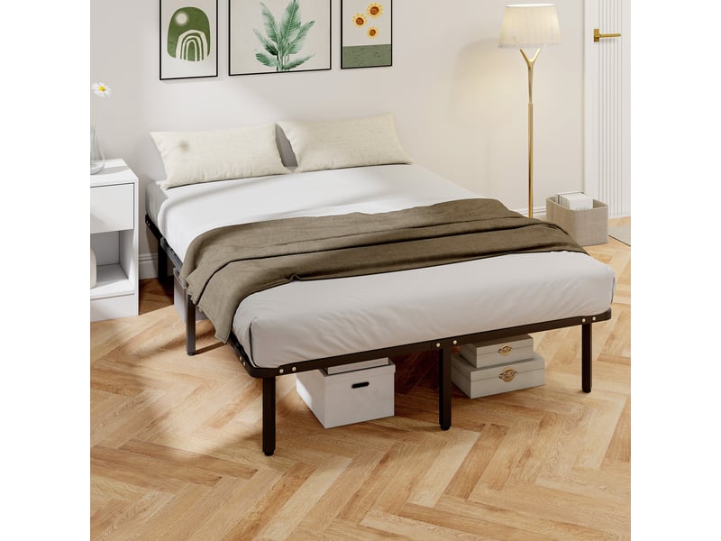  Cadre de lit 140 x 190 cm, lit 2 personnes avec sommier à lattes en bois massif et pied, avec rangement au-dessous, noir  - Conforama C