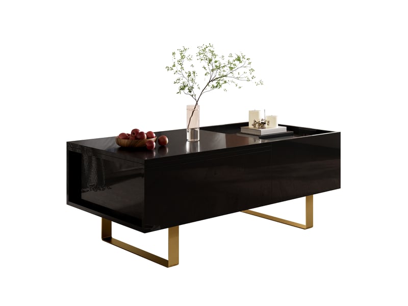 Table basse relevable avec rangement et tiroir - lpospi - plateau hydraulique, pieds en fer doré, mdf noir - Conforama A