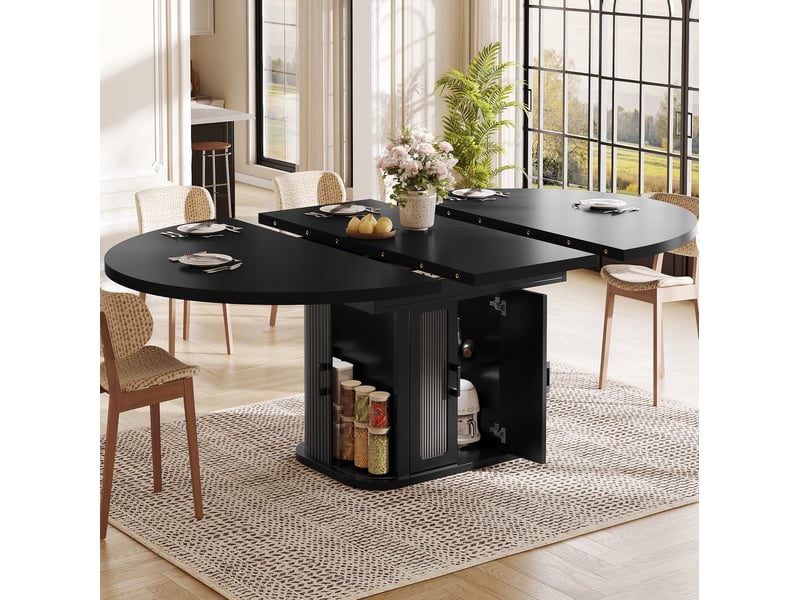  Table de salle à manger extensible 118 à 158 x 118 cm noire en mdf, rangement central pour 2 à 6 personnes  - Conforama E