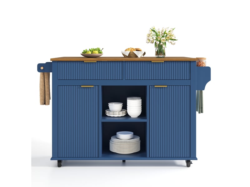  Desserte de cuisine à roulettes avec 2 portes, 2 tiroirs et plateau rabattable, bleu et marron, 143 × 45 × 89,5 cm  - Conforama A