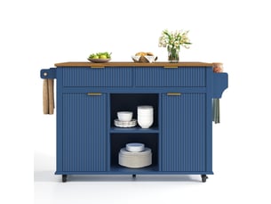 Desserte de cuisine à roulettes avec 2 portes, 2 tiroirs et plateau rabattable, bleu et marron, 143 × 45 × 89,5 cm
