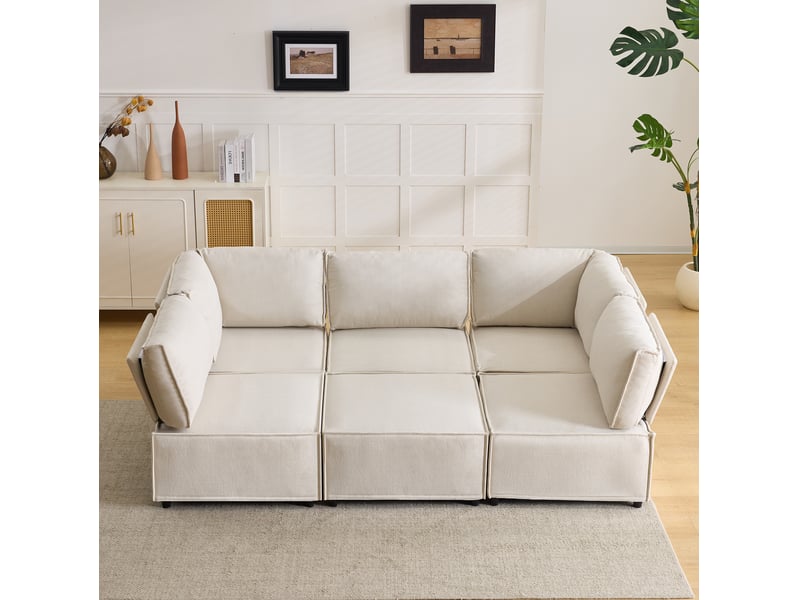  Canapé d'angle modulable convertible 6 places en tissu beige, 6 modules pour un salon flexible et accueillant  - Conforama E
