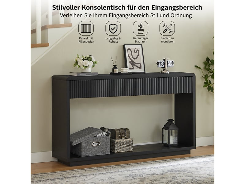  Console avec 2 tiroirs et 1 niche ouverte, rangement, style moderne, pour entrée et salon, 150×35×85 cm, noir  - Conforama E