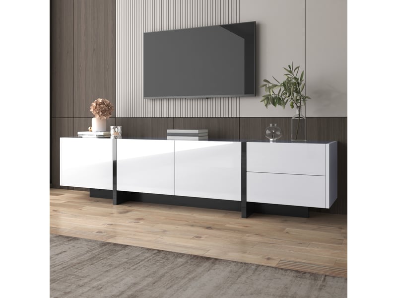  Meuble tv avec 3 portes et 2 tiroirs pour salon en panneaux de particules 190×35×45 cm blanc et noir  - Conforama B