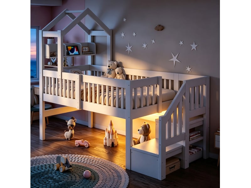 Lit mezzanine mi-hauteur enfant 90x200 cm avec rangements et éclairage, bois et mdf, blanc, sans matelas - Conforama B