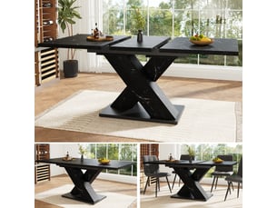 Table à manger, pour 4 à 6 personnes, extensible, en effet marbre et métal, coloris noir, pour salle à manger et cuisine