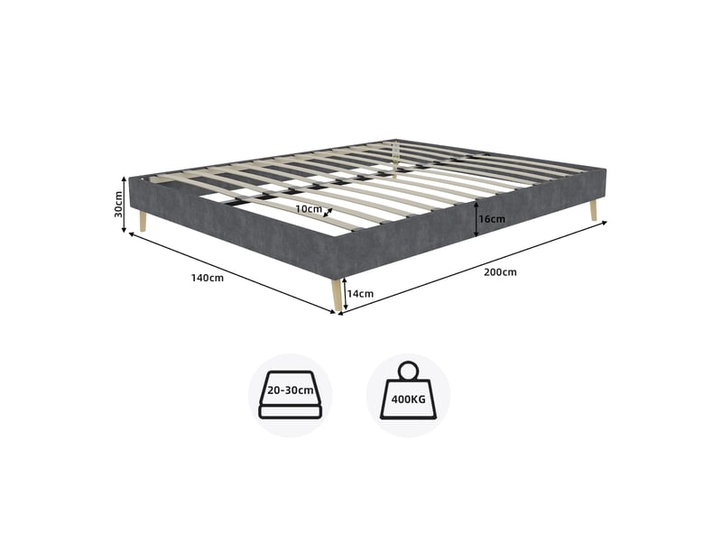 Cadre à lattes adulte 140x200 cm avec sommier, velours, gris, sans matelas ni tête de lit  - Conforama C