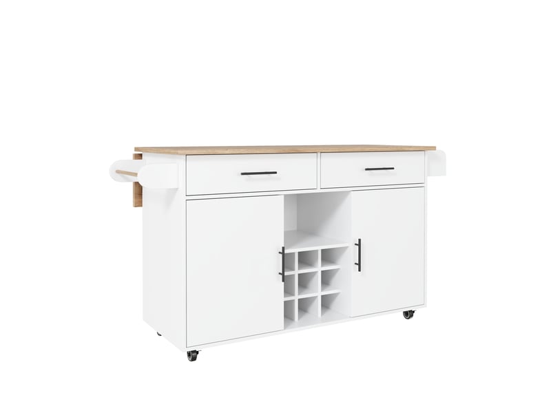 Îlot de cuisine mobile pliable avec rangement, chariot à roulettes, 2 tiroirs et porte-bouteilles - Conforama A