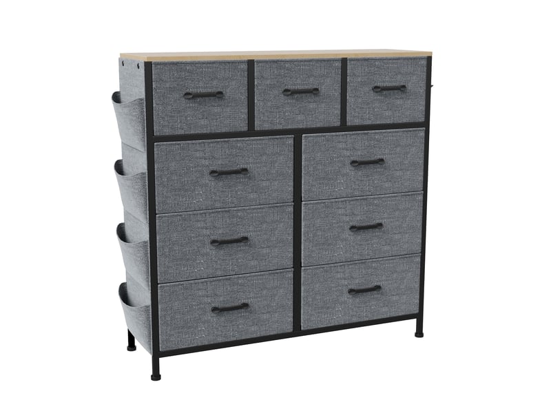  Commode 9 tiroirs - 100x30x100cm - meuble de rangement en tissu avec étagère bois, poches &amp; crochets - gris  - Conforama A