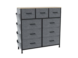 Commode 9 tiroirs - 100x30x100cm - meuble de rangement en tissu avec étagère bois, poches & crochets - gris