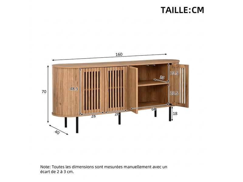  Buffet bois naturel 160 cm bahut 4 portes perforées meuble de rangement pieds métal  - Conforama C