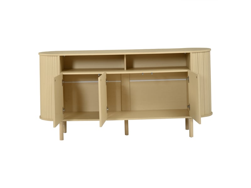  Buffet bas 160x40x78,5 cm naturel avec 3 portes ondulées, niche ouverte, pieds en bois massif Fay Lum - Conforama D