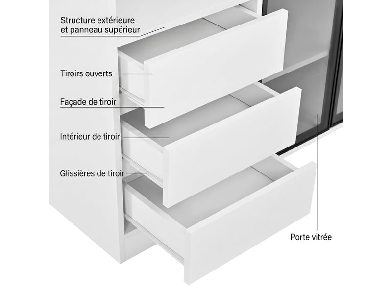  Vitrine meuble de rangement 100x35x160 cm, blanc, 2 portes en verre trempé, 3 tiroirs, étagère réglable et éclairage LED  - Conforama E