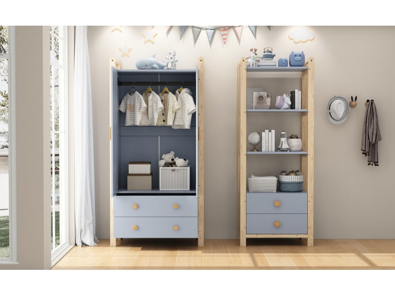  Bibliothèque avec 3 étagères ouvertes et 2 tiroirs, en pin et mdf bleu, pour salon ou chambre, 70 × 44 × 180 cm  - Conforama E