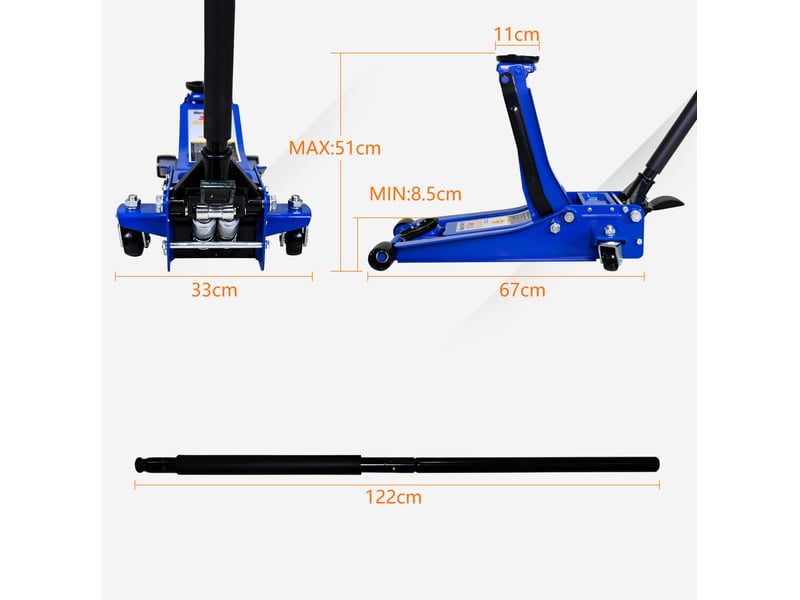  Cric rouleur hydraulique 3 tonnes 67 x 33 x 50,8 cm bleu, acier et aluminium, double pompe rapide  - Conforama C
