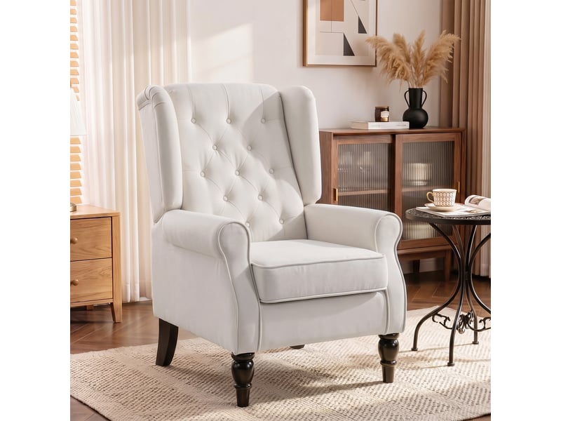  Fauteuil à oreilles style chesterfield dossier capitonné grand confort bois noir tissu crème  - Conforama B