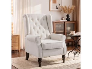 Fauteuil à oreilles style chesterfield dossier capitonné grand confort bois noir tissu crème