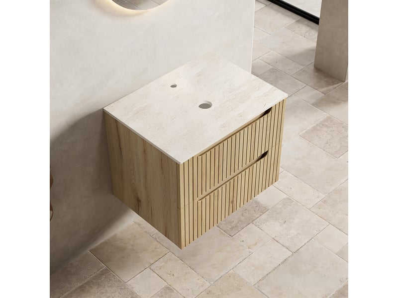  Meuble sous lavabo 60 cm avec plan de travail en pierre frittée - lpospi - contreplaqué chêne clair  - Conforama B