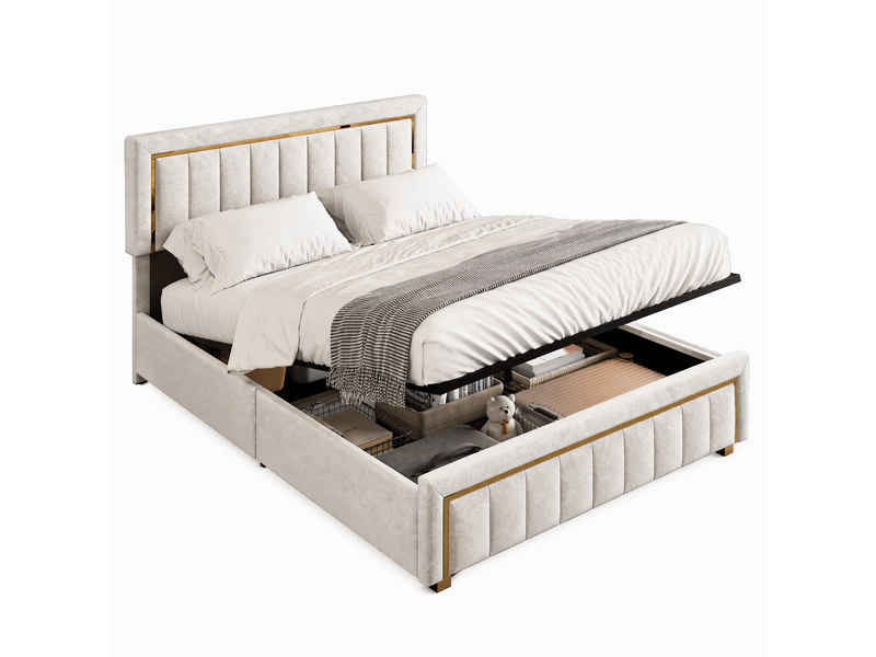  Lit coffre 140x190, lit 2 places avec rangement hydraulique, tête de lit et sommier à lattes, velours beige  - Conforama A
