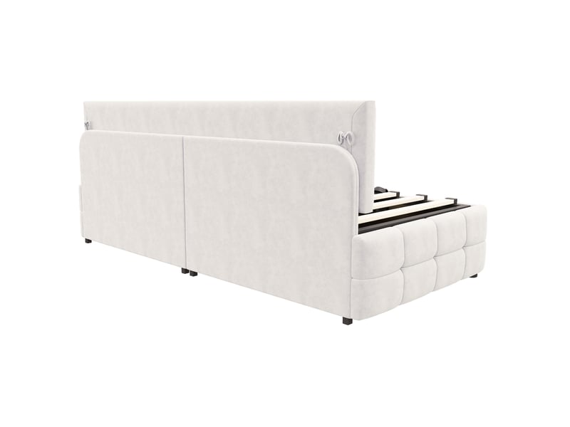  Lit enfant 90 x 200 cm style moderne rangement confort sans accoudoirs motif à carreaux velours beige avec matelas  - Conforama R