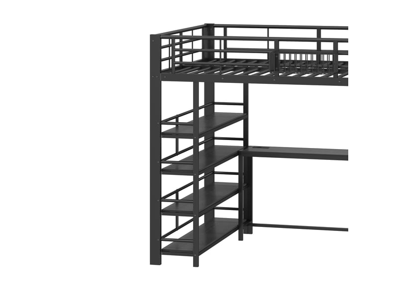  Lit mezzanine 140x200 cm, métal noir, équipé de bureau intégré, d'escalier, de garde-corps de sécurité et de rangements, sans matelas  - Conforama D