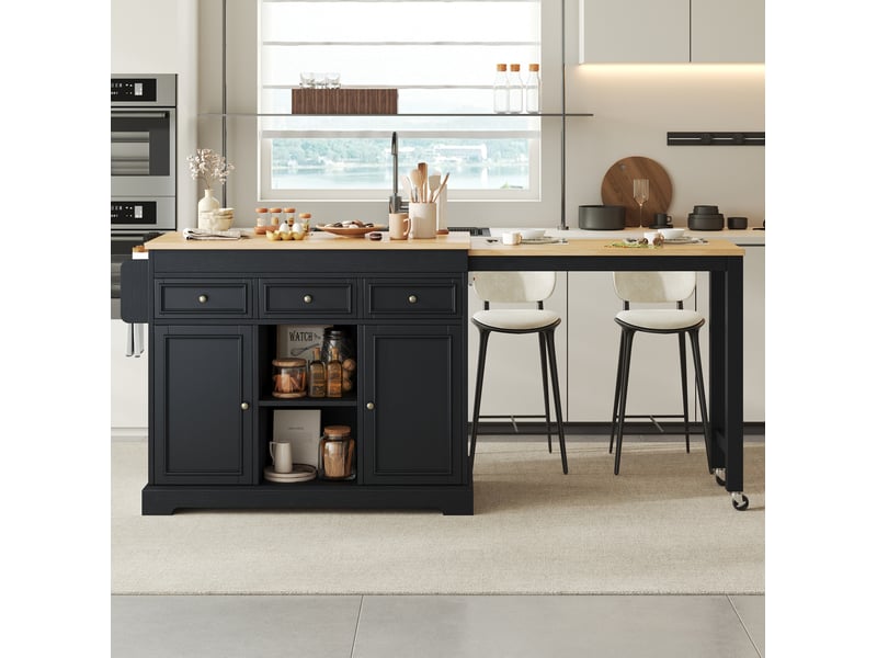 Îlot de cuisine mobile extensible 112-188 x 45 x 92 cm, 3 tiroirs, noir naturel - Conforama E