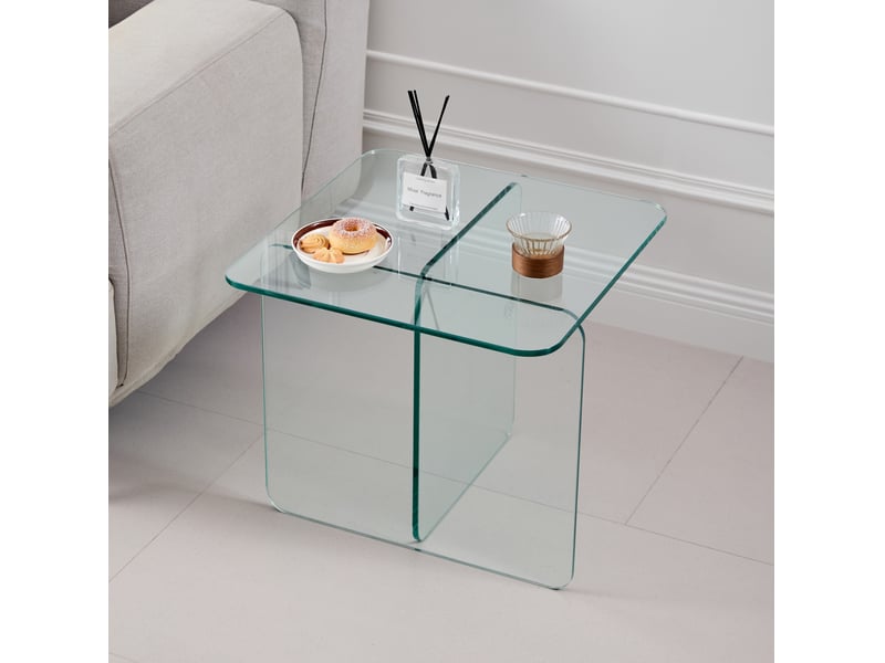  Table d'appoint en verre trempé transparente, forme incurvée, pour salon, bureau ou terrasse, 45 × 45 × 51 cm  - Conforama C