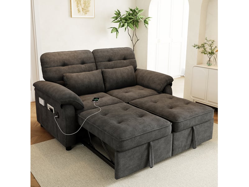  Canapé droit convertible 142x90x86,5cm 2 places, dossier ajustable, structure en bois et métal, tissu chenille, gris  - Conforama B